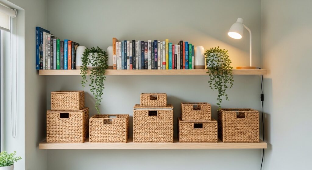 cozy small living room storage with woven baskets floating shelves and styled books with trailing plant