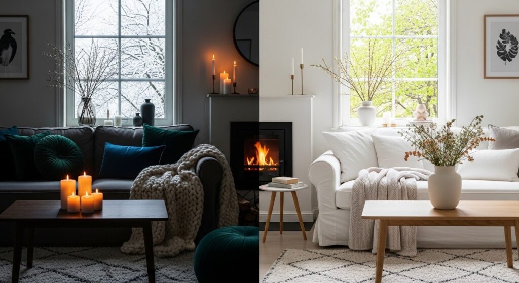 seasonal cozy layers in warm small living room swapping linen cushions for velvet in autumn
