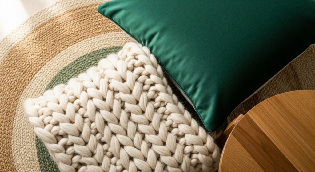 plush textures in small living room decor with chunky knit throw velvet cushions and wool rug layered