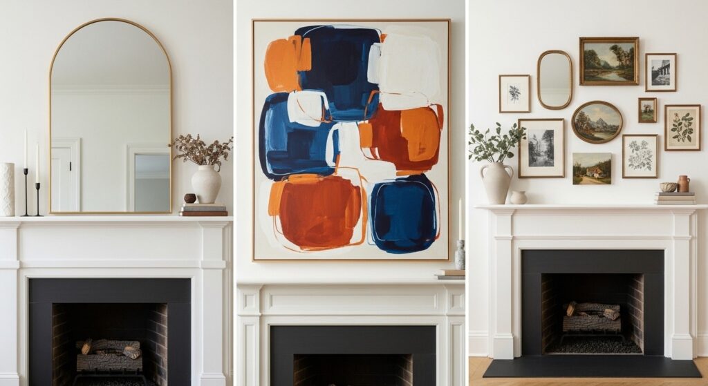 above mantel options for living room with fireplace showing large mirror oversized artwork and gallery wall