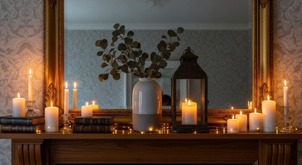 mantel styling ideas with three-layer arrangement mirror anchor ceramic vases and dried botanicals