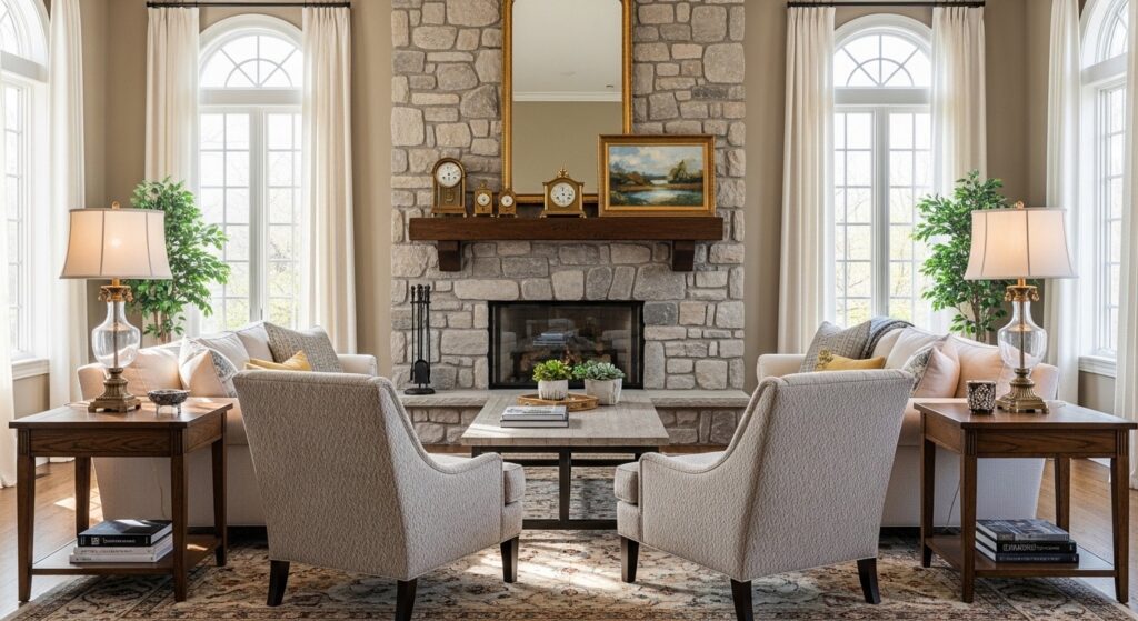 living room with fireplace as focal point with symmetrical wall sconces and deep accent wall behind surround