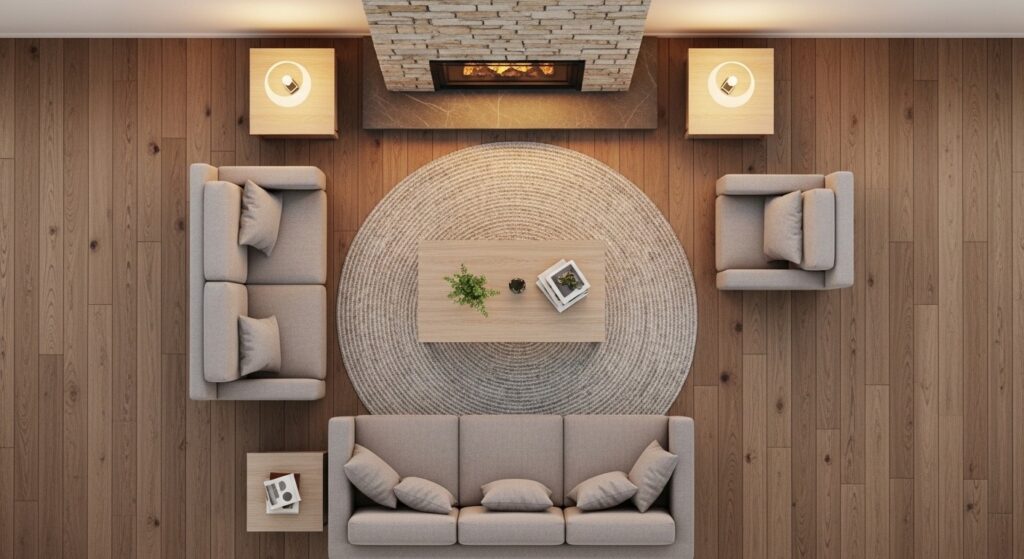 furniture arrangement around fireplace with sofa facing hearth U-shape seating and anchoring coffee table