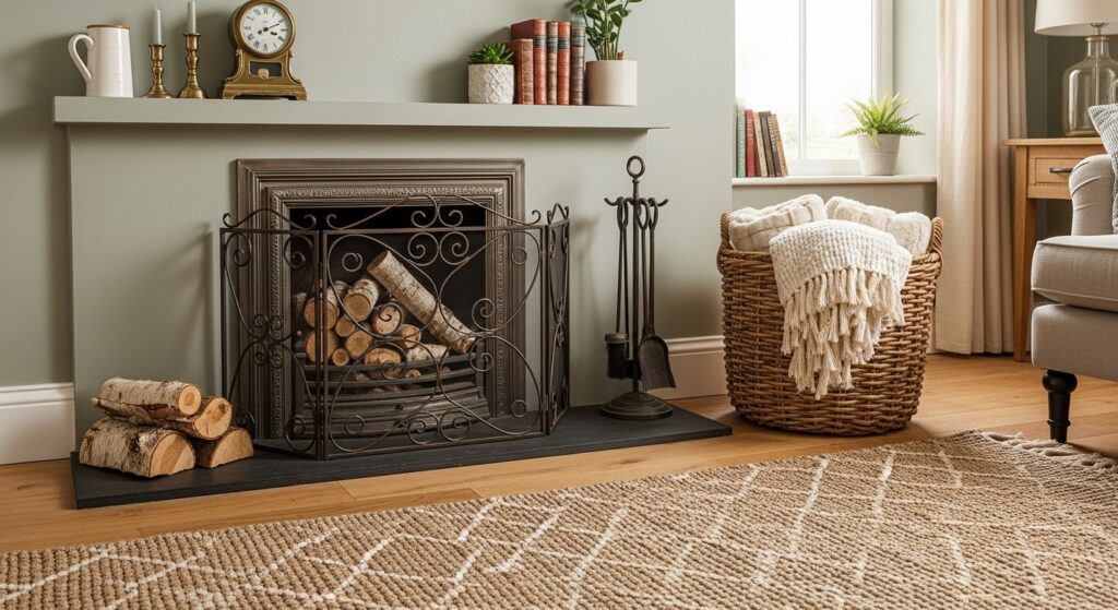 hearth decor ideas with stacked birch logs pillar candles decorative screen and woven firewood basket