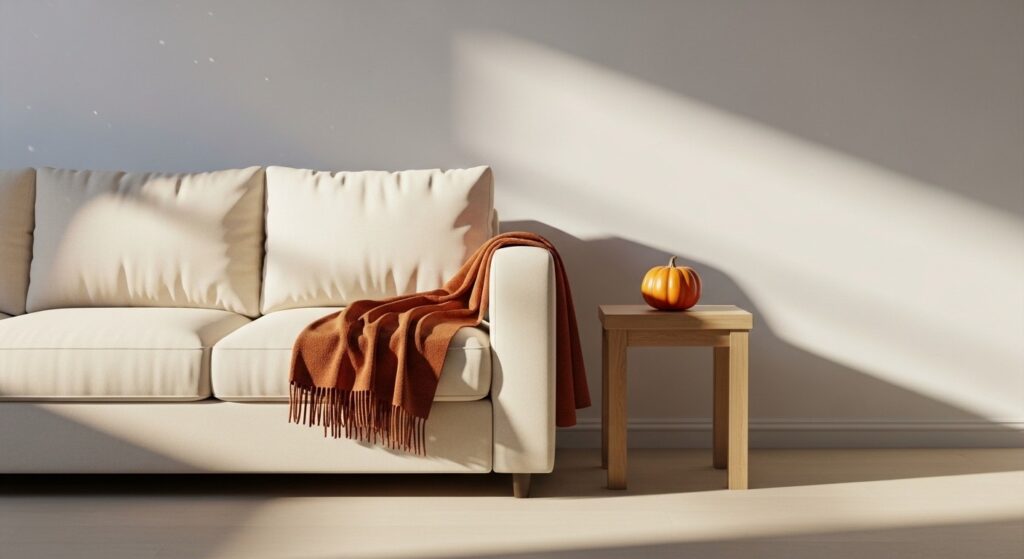 minimal autumn living room styled with odd-numbered decor groupings and cleared surfaces