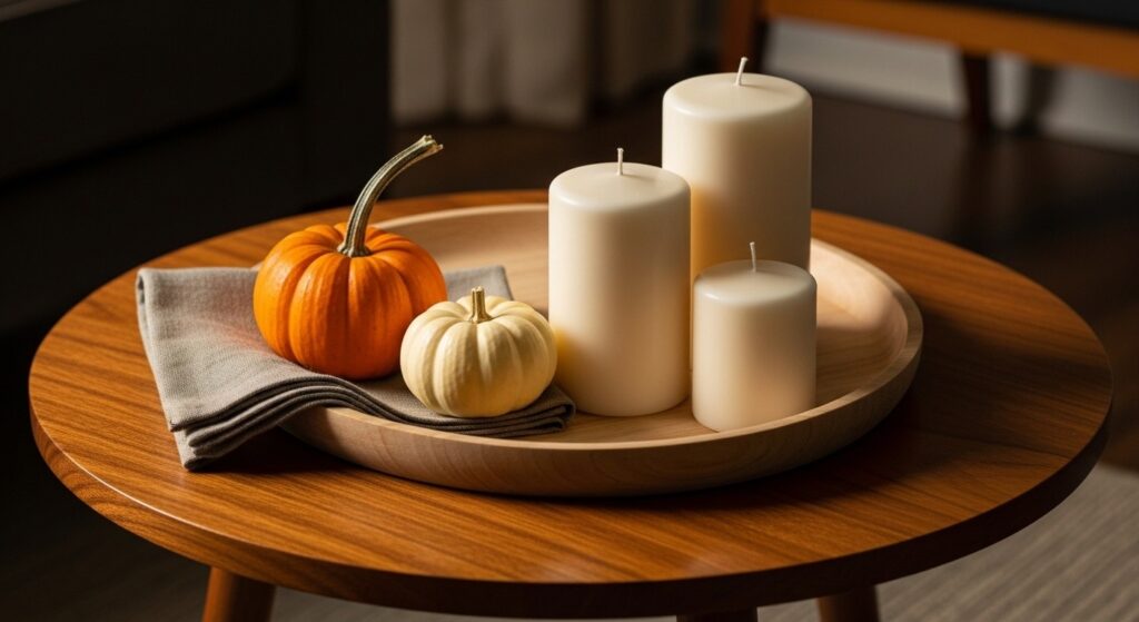 scale and proportion in seasonal home decorating with small pumpkins and a tray vignette