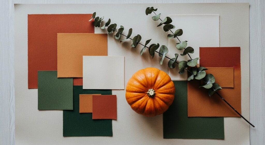 fall color palette with terracotta, rust, and warm neutral tones in a cozy living room