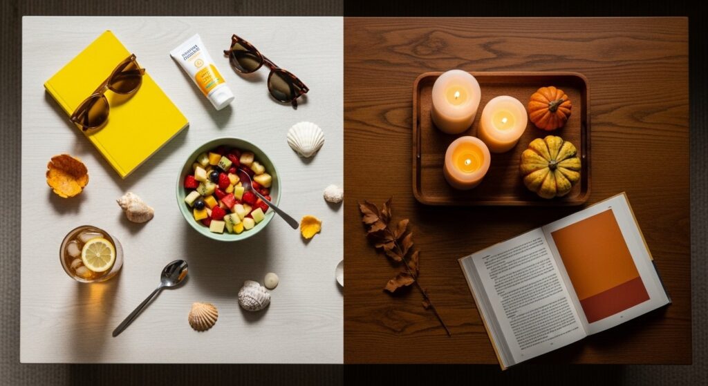 editing out summer decor for autumn living room refresh with warm layered textiles