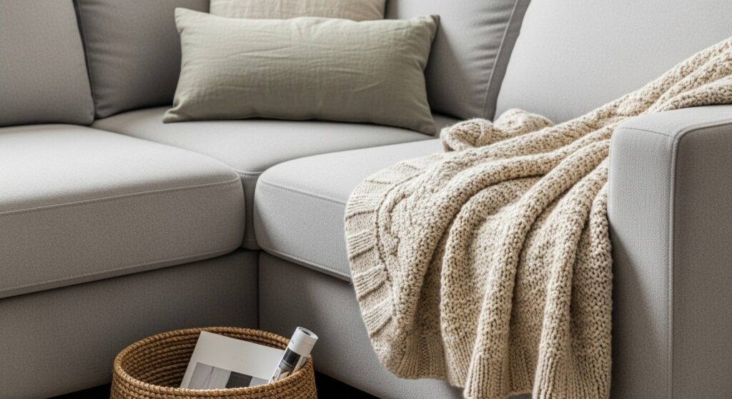 mixing textures in autumn living room ideas with jute rug, velvet cushion, and knit throw