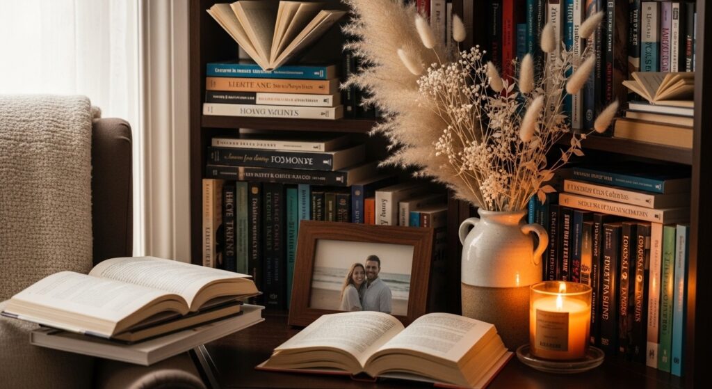 personal touches in seasonal home decorating using books, dried branches, and meaningful objects