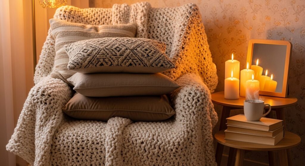 cozy living room winter essentials including chunky throw blanket area rug and candle cluster
