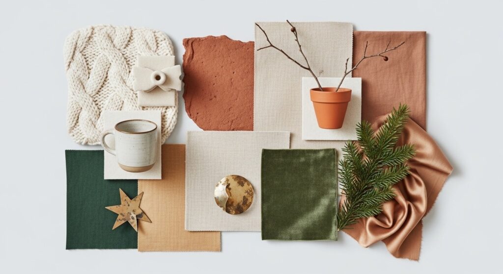 neutral winter home decor palette with cream taupe rust and deep green accent tones