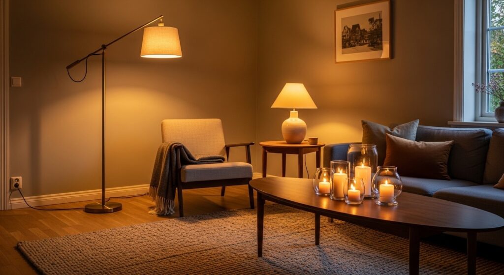 winter living room lighting ideas using warm white bulbs floor lamps and grouped candles