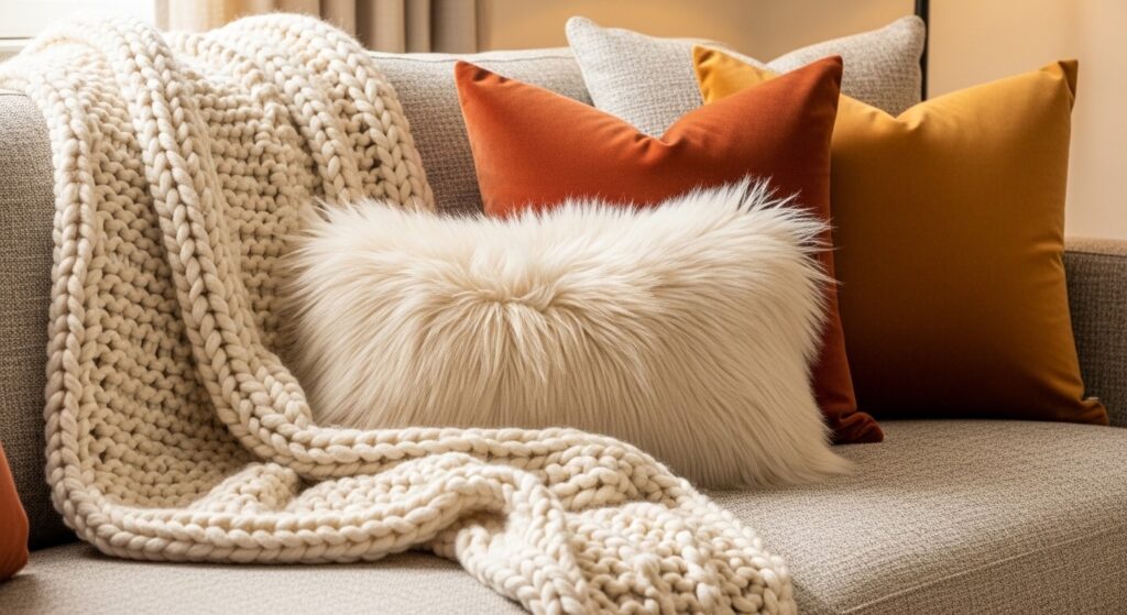 warm textiles and throws for cozy living room winter styling with velvet and knit layers