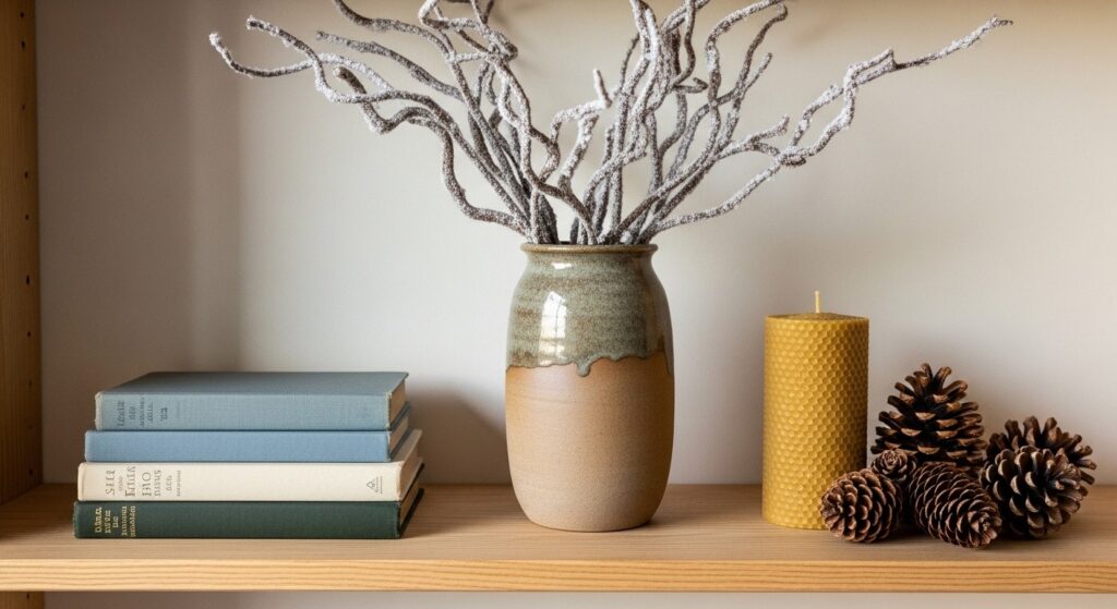 natural winter elements for living room decor including dried branches pinecones and preserved greenery