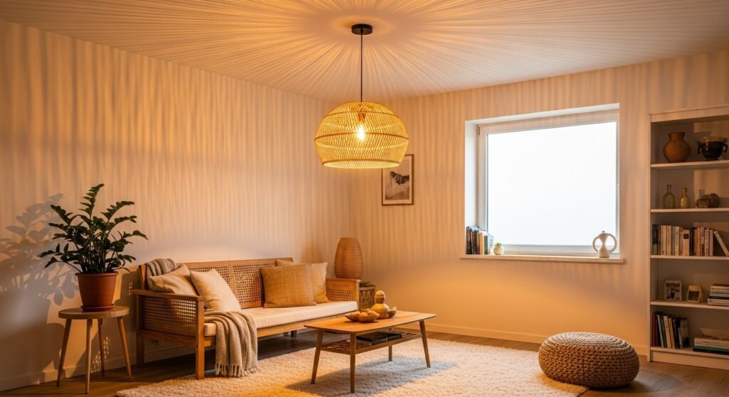 warm ceiling color matched to earth tone living room walls for a cozy enveloping atmosphere