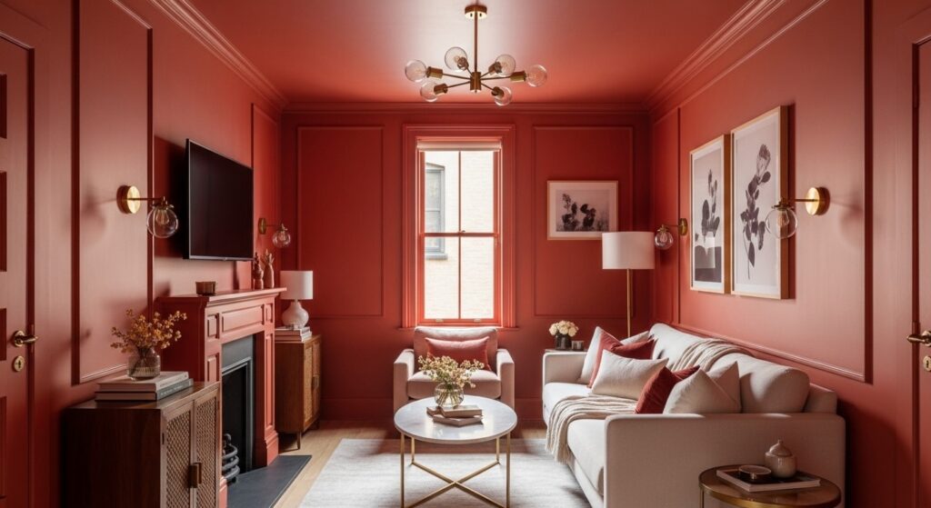 color drenching technique in a dark warm tone living room with deep sienna and rust walls