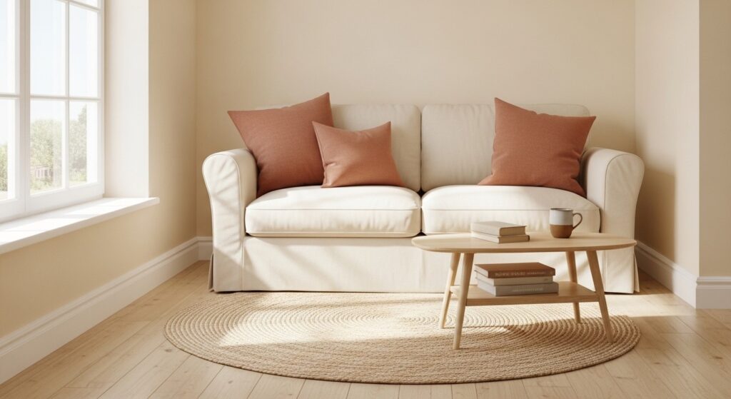 earth tone living room palette showing warm neutrals that reflect light in small spaces