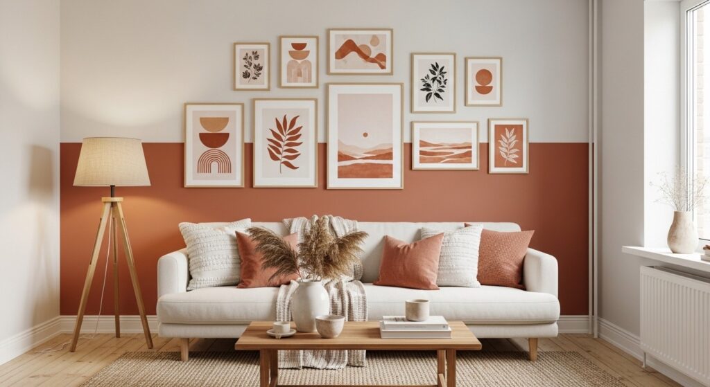 terracotta living room ideas with warm accent wall and limewash plaster texture finish