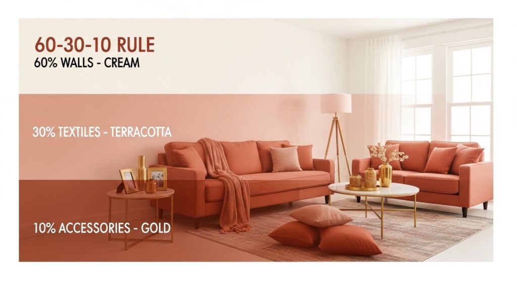 60-30-10 color rule applied to a warm color living room with cream terracotta and gold accents