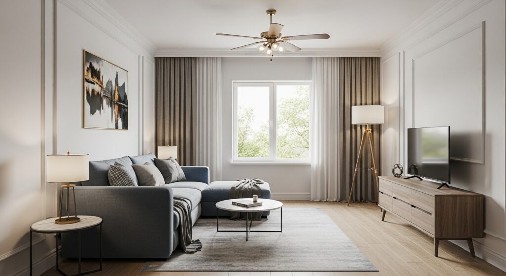 complete living room light layers showing ambient task and accent sources at different heights