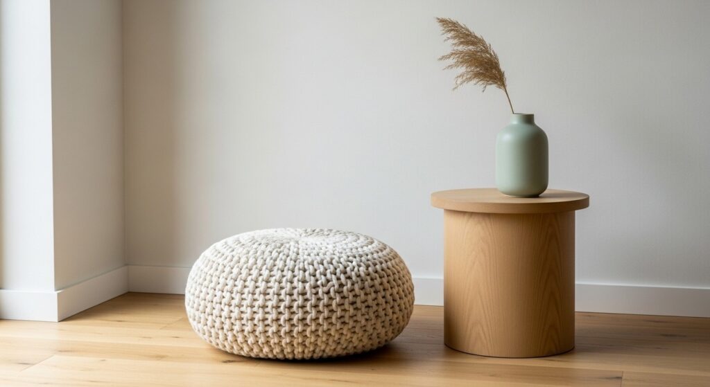 Knitted pouf, wood side table and ceramic vase in a minimalist textured living room corner