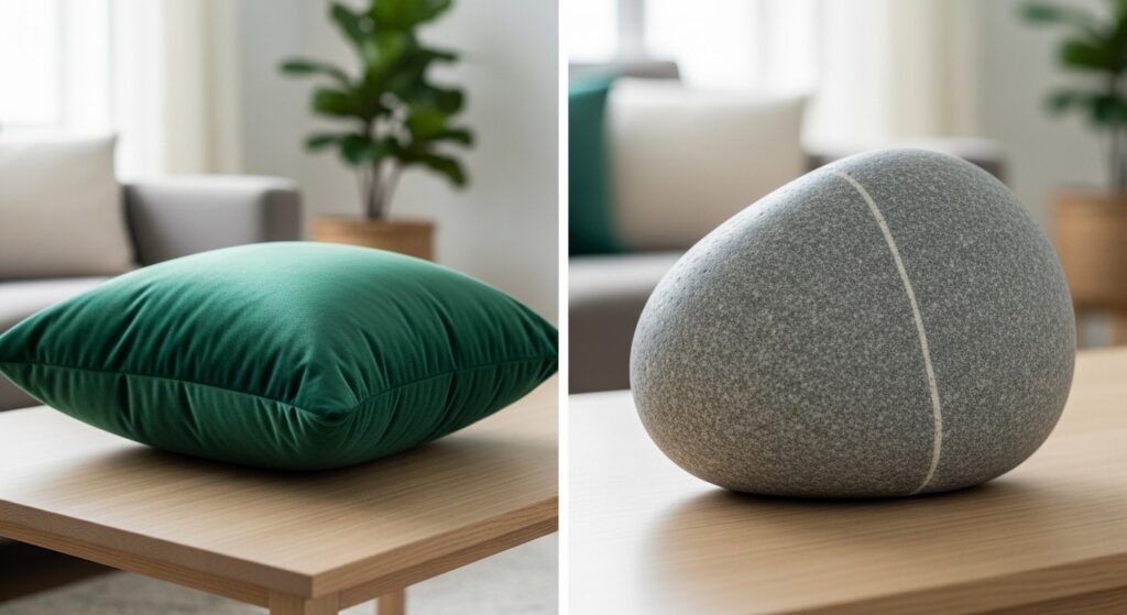 Green velvet pillow and gray pebble cushion on wood tables in a modern textured living room
