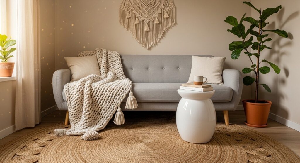Cozy sofa with chunky knit throw, jute rug, macrame wall hanging and potted plant