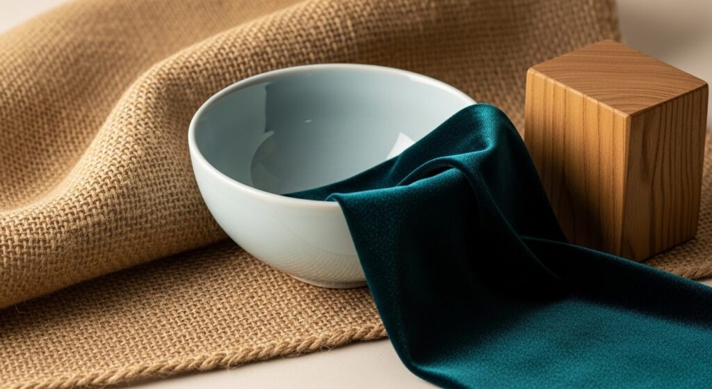 Textured decor still life with ceramic bowl, burlap fabric, wood block and teal cloth
