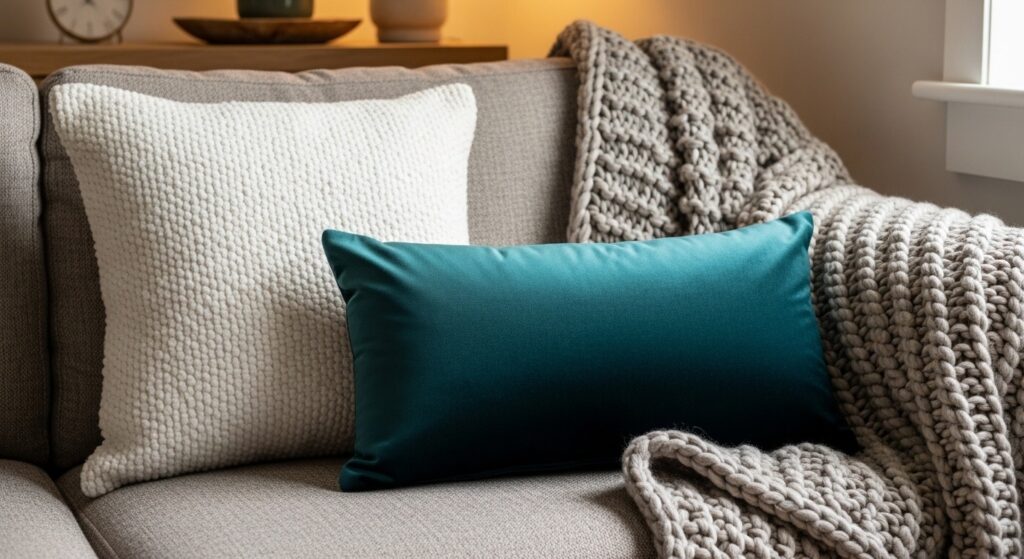 Layered sofa styling with knit throw, textured pillows and teal accent cushion