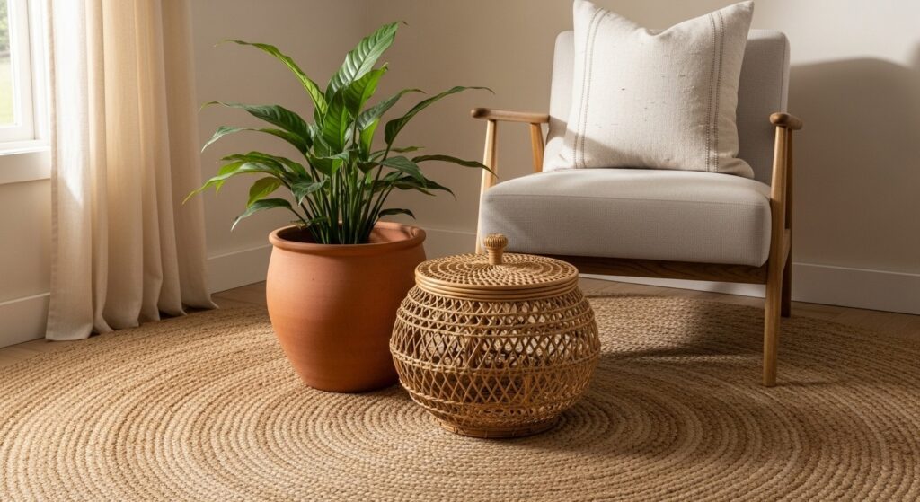 Neutral armchair with rattan basket, jute rug, terracotta plant pot and soft window light
