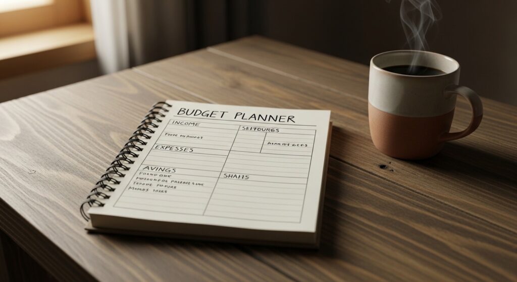 Budget planner notebook and coffee on wooden desk for affordable living room decorating costs

