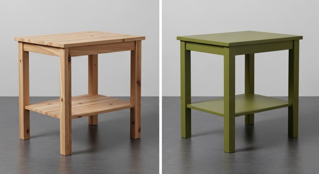 IKEA-style side table before and after paint in natural wood and olive green for budget decor


