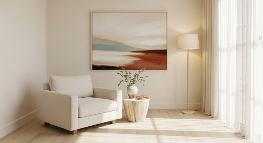 Minimal budget living room corner with white chair, floor lamp and oversized abstract art

