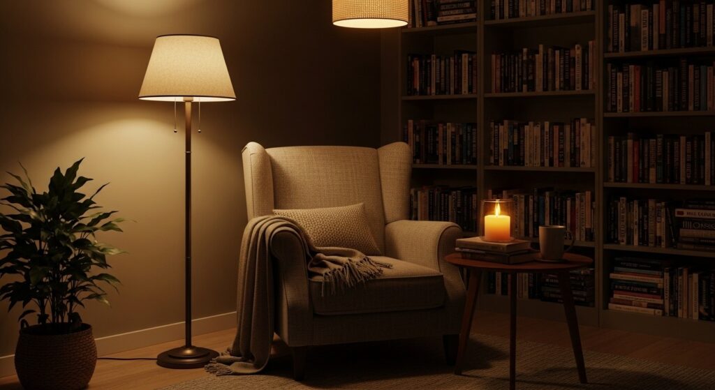 Affordable reading nook with wingback chair, floor lamp, candlelight and bookcase

