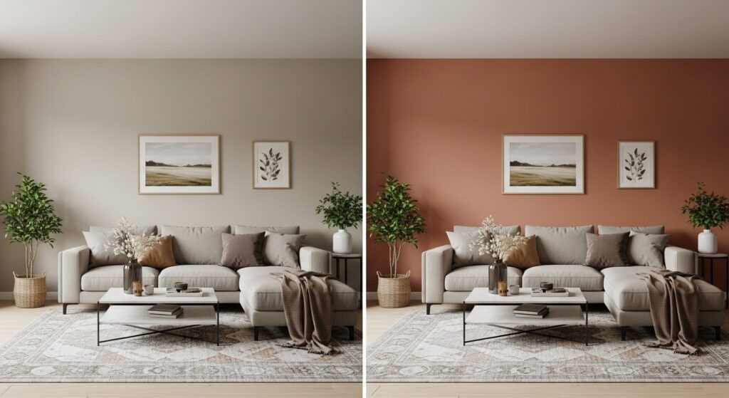 Living room paint before and after with greige walls versus terracotta for a budget makeover

