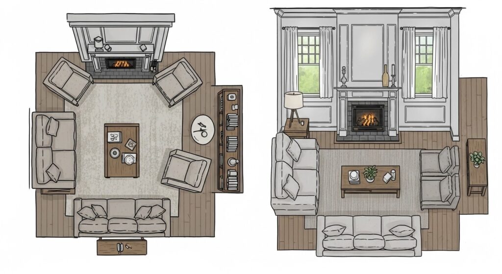 Budget living room layout plan with sofa, chairs, fireplace and rug arrangement

