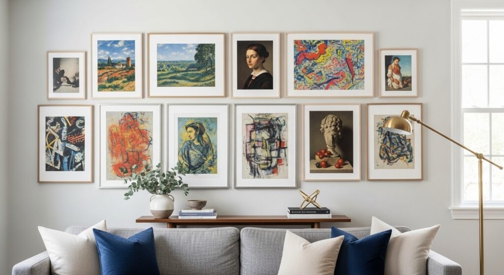 Budget living room gallery wall above sofa with mixed art prints and brass floor lamp

