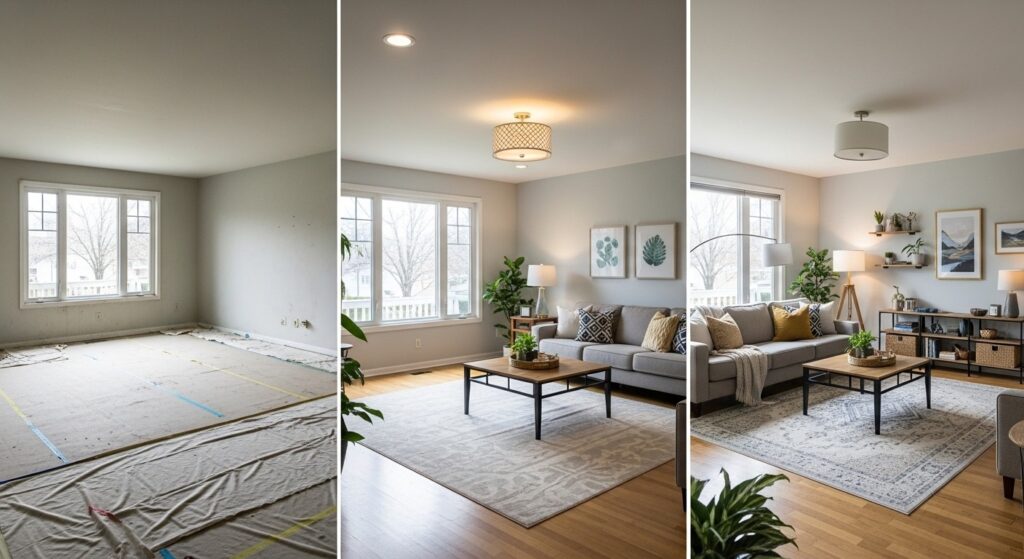 Before and after budget living room makeover from empty room to styled space

