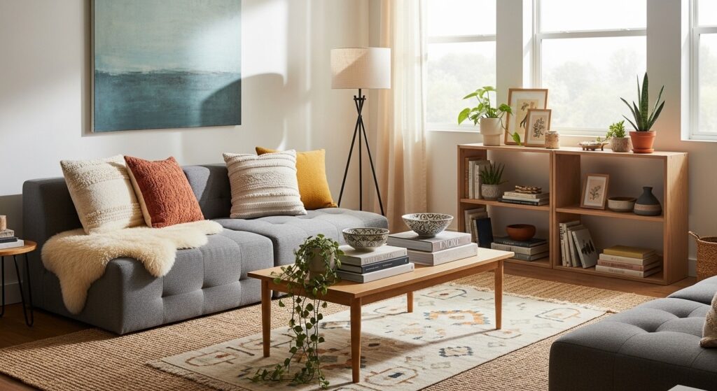 Cozy budget living room with gray sofa, wood coffee table, bookshelf, plants and warm sunlight

