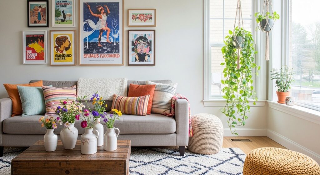 Budget boho living room with thrifted art gallery wall, plants, colorful pillows and rustic table

