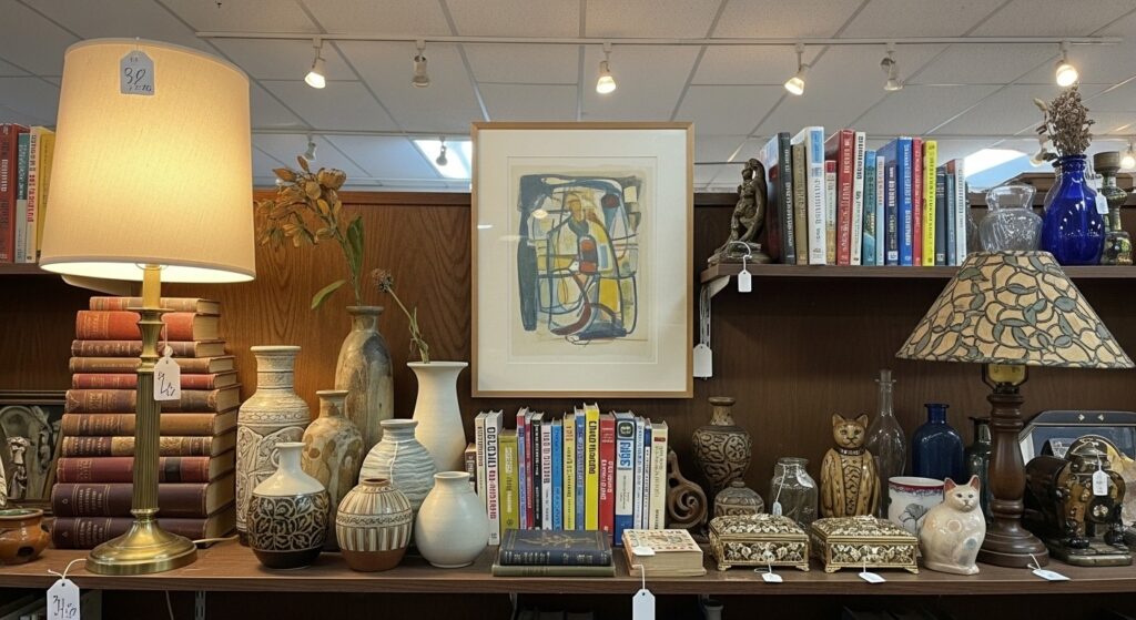Thrift store shelf with lamps, books, art and vintage vases for affordable living room decor

