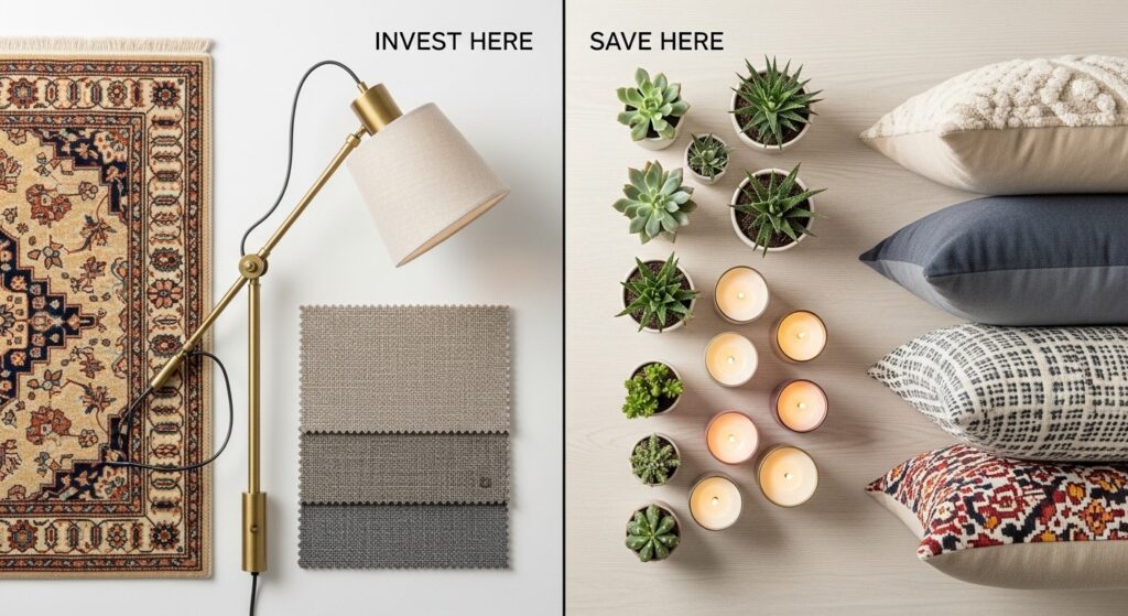 Invest here save here guide showing splurge rug and lamp plus budget pillows, candles and plants

