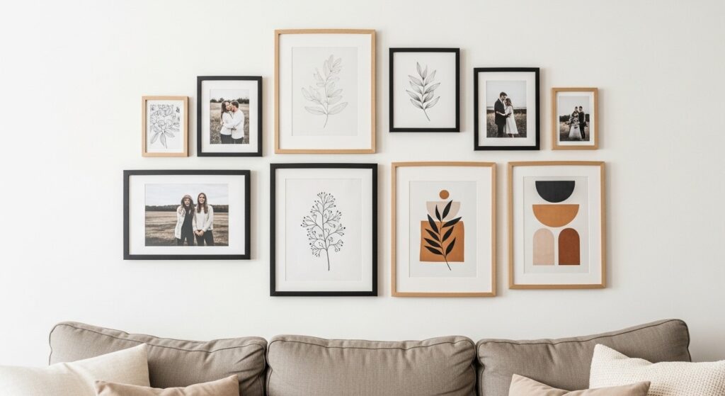 Thrift store living room finds including large mirror, wooden side table, and ceramic vases on display