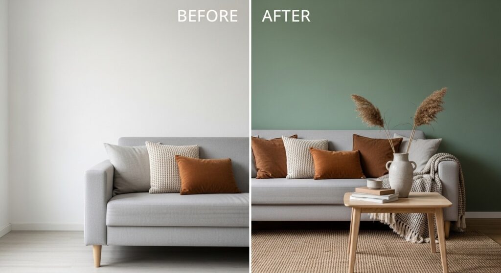 Affordable room transformation with layered throw pillows, chunky knit blanket, and high-hung curtains for budget living room
