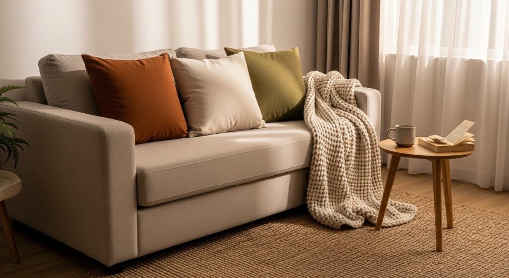 Budget living room makeover with floated sofa arrangement pulled away from walls around central area rug
