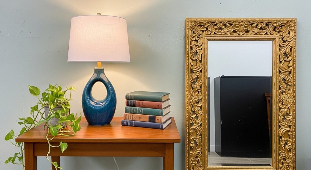 Affordable room transformation anchored by one quality area rug and statement arc floor lamp in living room