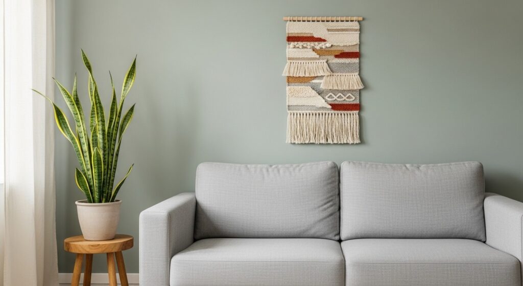 Homemade living room decor focal wall with large DIY canvas art hung at eye level above sofa
