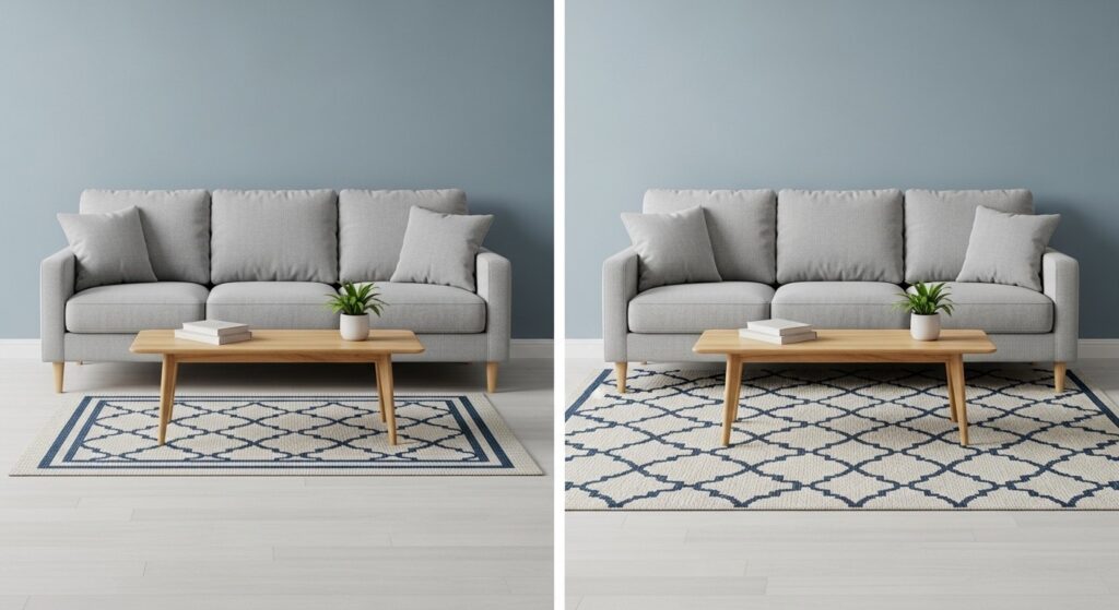 Homemade living room decor styled with three-tone color palette of cream, sage green, and terracotta accents
