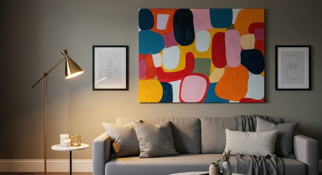 DIY home decor for beginners showing correctly scaled wall art covering 60 percent of wall above sofa
